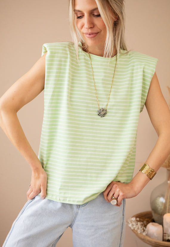 Sadie Stripe Epaulettes Lime/Beige - Top