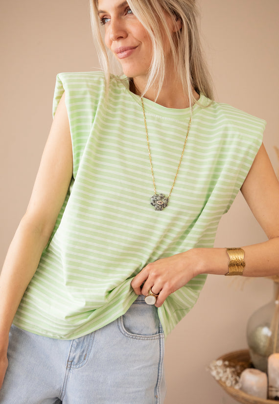 Sadie Stripe Epaulettes Lime/Beige - Top