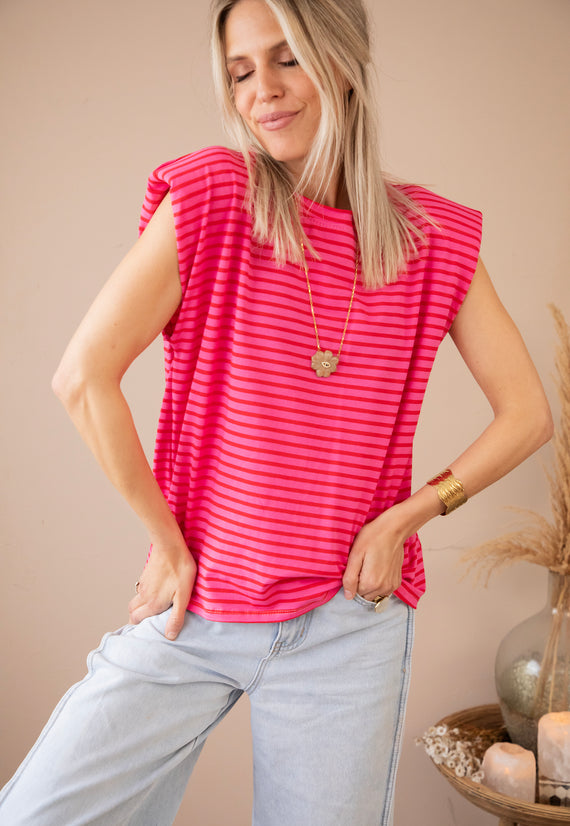 Sadie Stripe Epaulettes Pink/Red - Top
