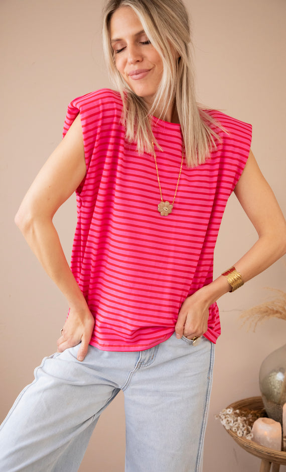 Sadie Stripe Epaulettes Pink/Red - Top