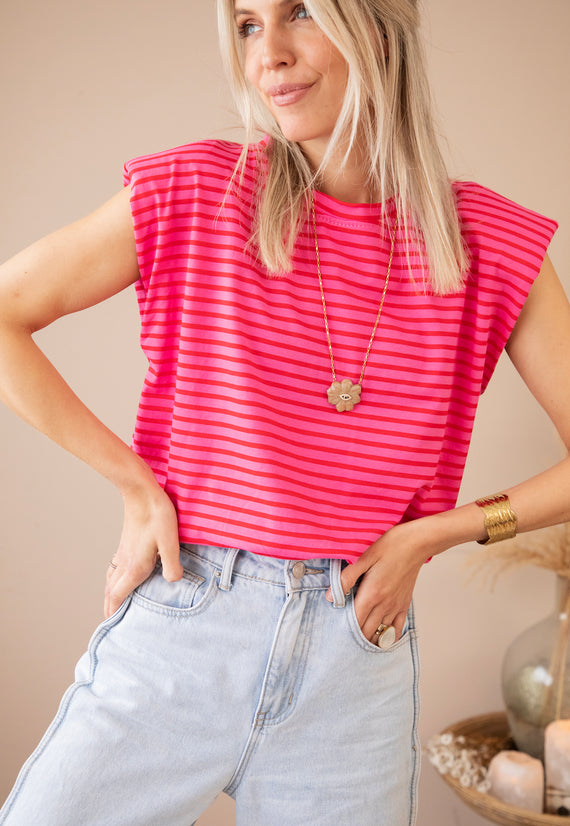 Sadie Stripe Epaulettes Pink/Red - Top
