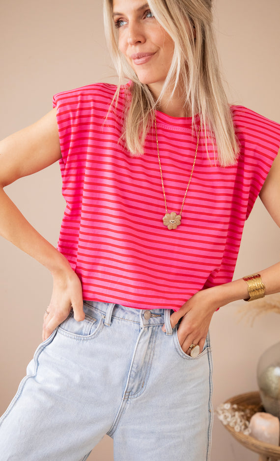 Sadie Stripe Epaulettes Pink/Red - Top