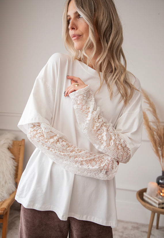 Langarmshirt - Base & Lace - Weiß