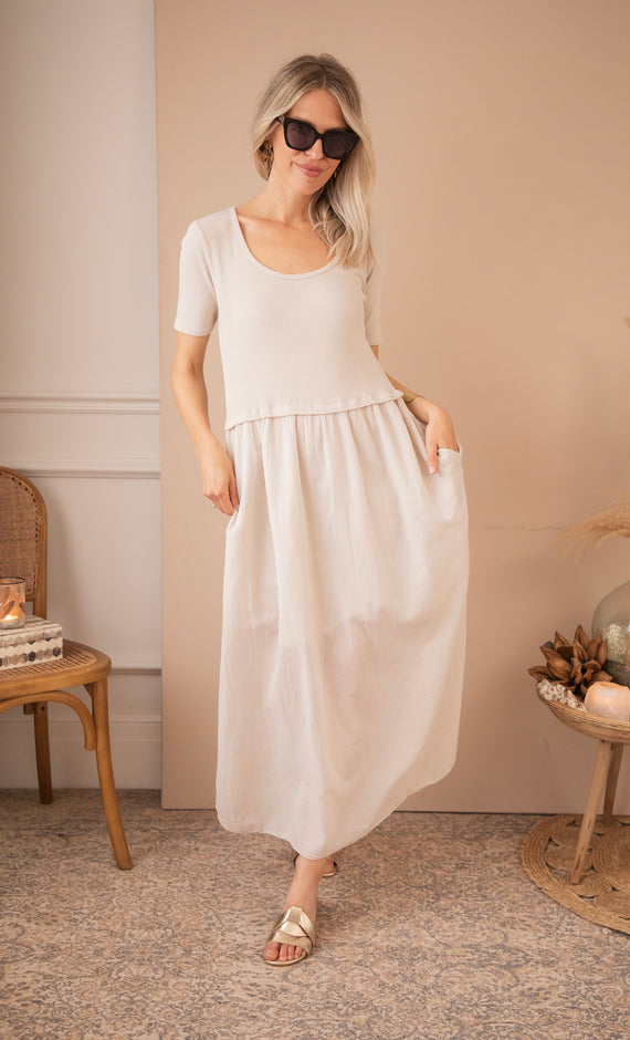 Soraya Short Sleeve Café Au Lait - Maxi Jurk
