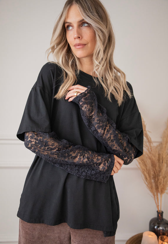 Langarmshirt - Base & Lace - Schwarz