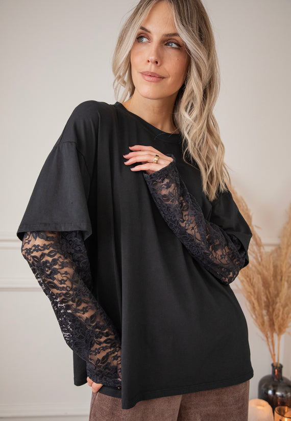 Langarmshirt - Base & Lace - Schwarz