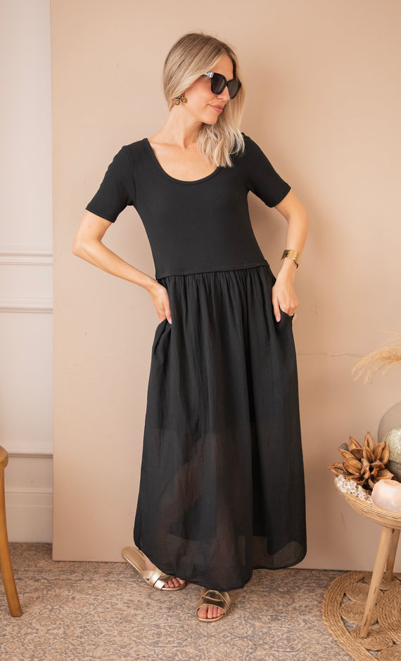 Soraya Short Sleeve Black - Maxi Jurk