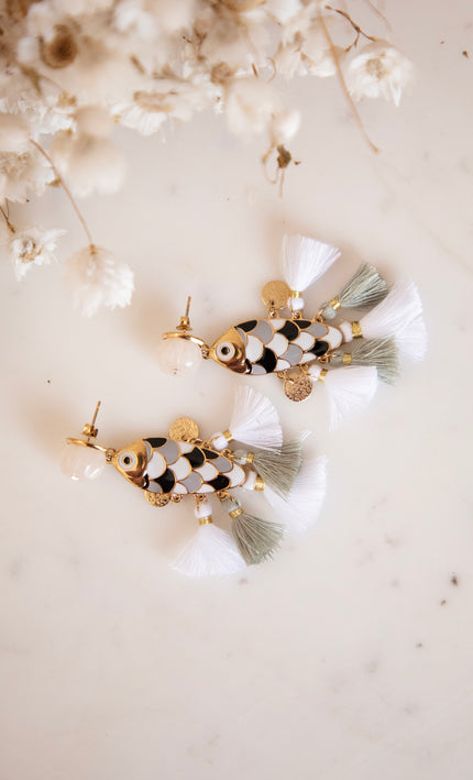 Fishy Fringe White/Gold - Oorbellen