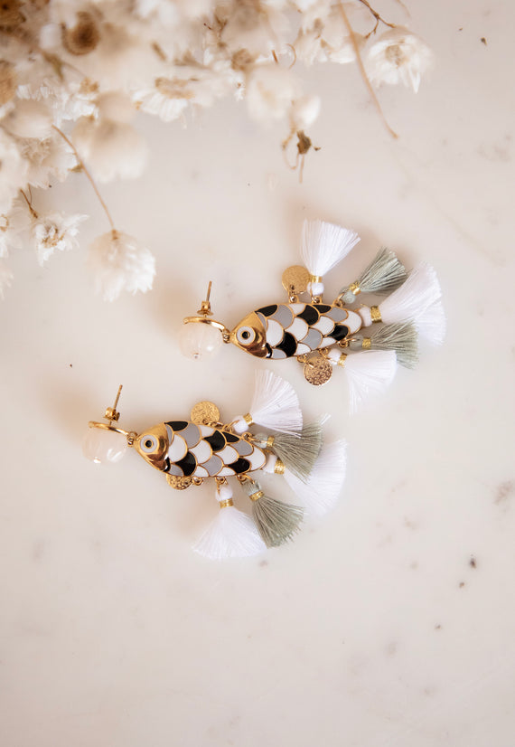 Fishy Fringe White/Gold - Oorbellen