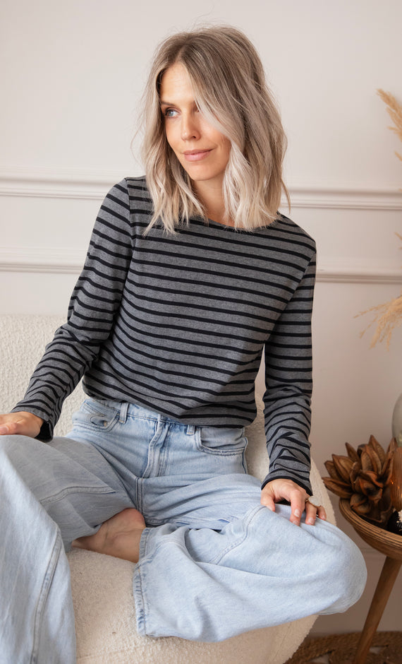 Langarmshirt - Beating Stripe - Grau/Schwarz