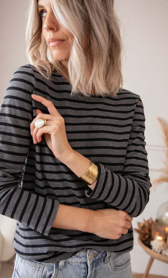 Langarmshirt - Beating Stripe - Grau/Schwarz