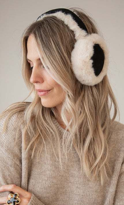 Fluffy Ears Beige/Black - Ear Warmers