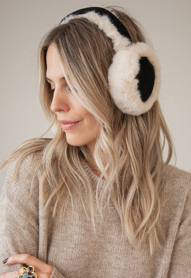 Fluffy Ears Beige/Black - Ear Warmers