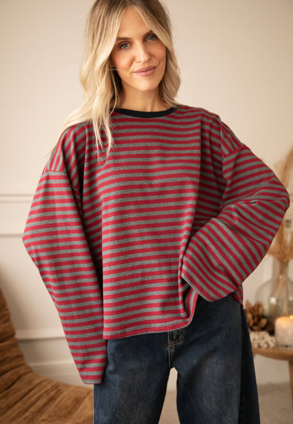 Sadie Stripe Burgundy/Grey/Navy - Longsleeve