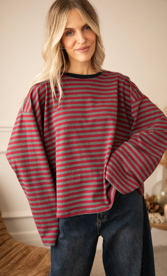 Sadie Stripe Burgundy/Grey/Navy - Longsleeve