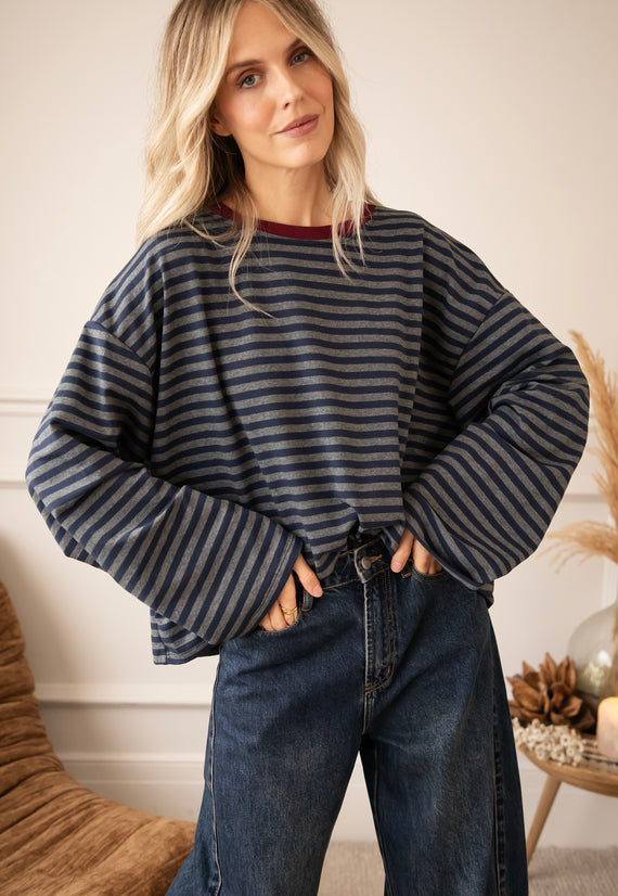 Sadie Stripe Navy/Grey/Burgundy - Longsleeve