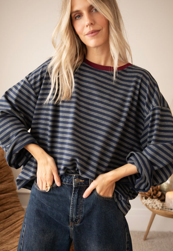 Sadie Stripe Navy/Grey/Burgundy - Longsleeve