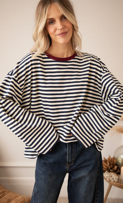 Sadie Stripe Beige/Navy/Burgundy - Longsleeve