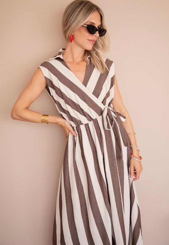 Striped Wrap Beige/Choco - Jurk
