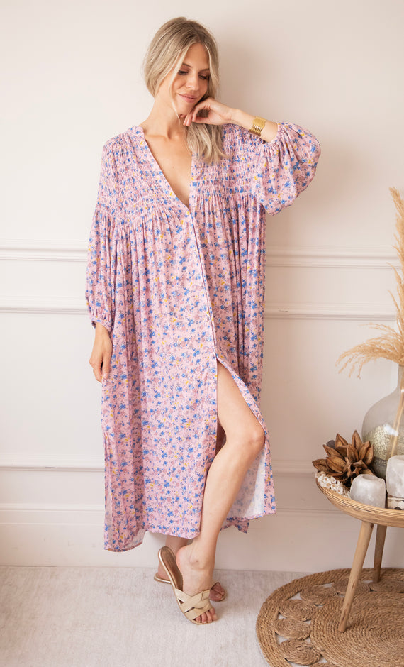 Joyce Bloom Soft Pink/Blue - Maxi Jurk