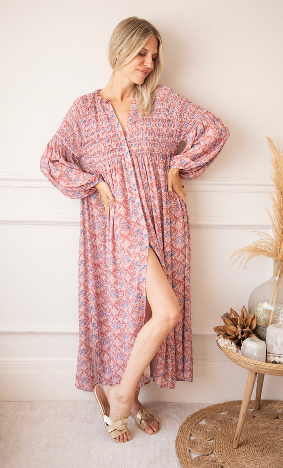 Joyce Bloom Bordeaux/Blue - Maxi Jurk