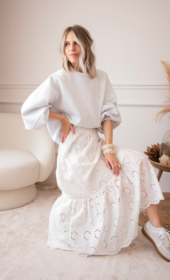 Flowery Embroidery Anglaise White - Maxi Skirt