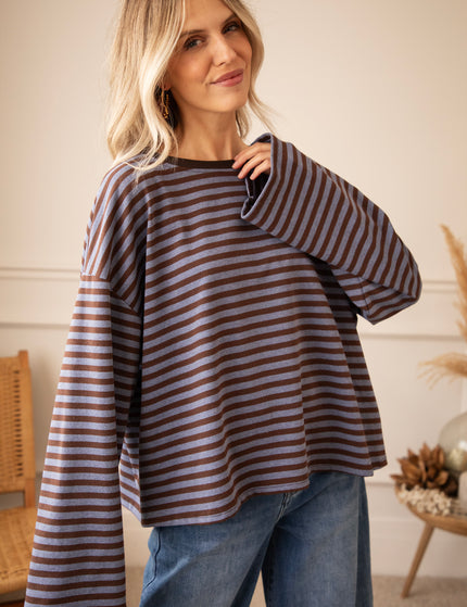 Langarmshirt - Sadie Stripe - Kakao/Blau