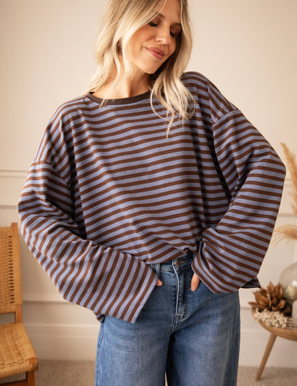Langarmshirt - Sadie Stripe - Kakao/Blau