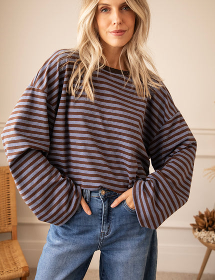 Langarmshirt - Sadie Stripe - Kakao/Blau