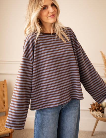 Langarmshirt - Sadie Stripe - Kakao/Blau