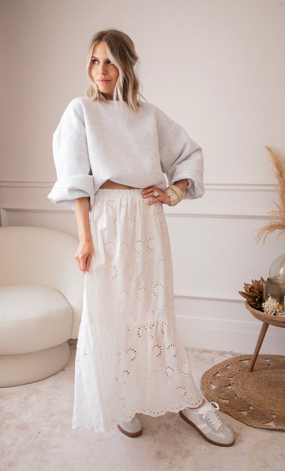Flowery Embroidery Anglaise White - Maxi Skirt