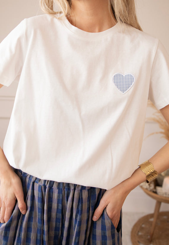 Checkered Beating Heart White/Blue - T-Shirt