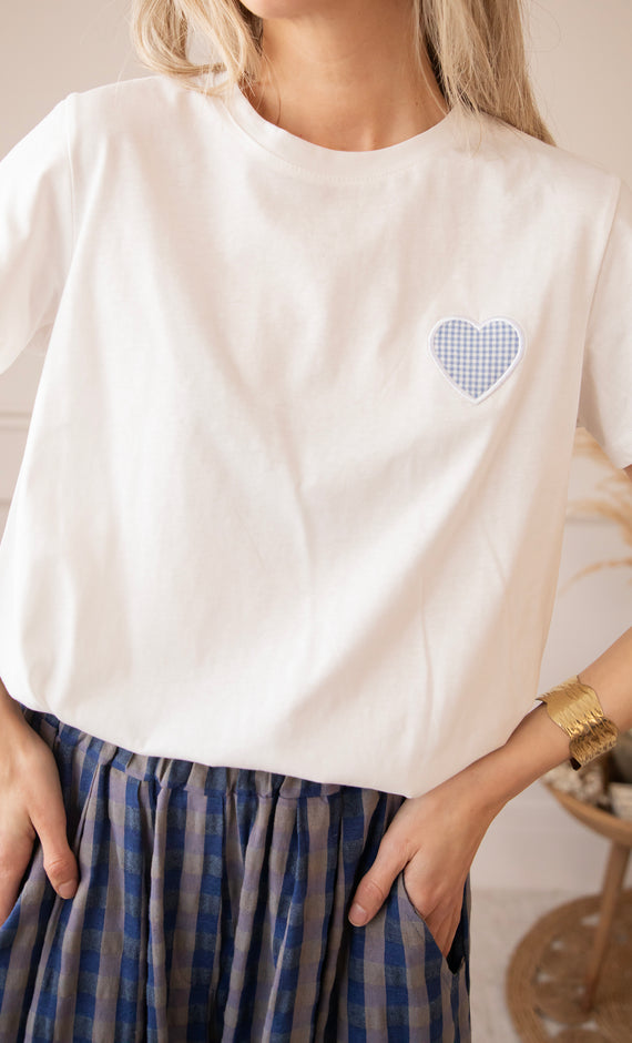 Checkered Beating Heart White/Blue - T-Shirt