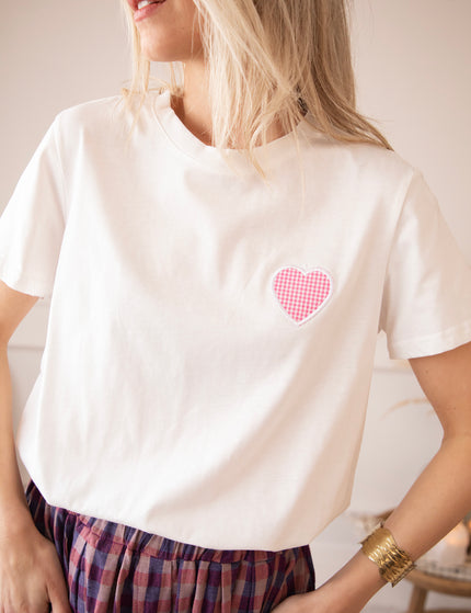 T-Shirt - Checkered Beating Heart - Weiß/Rosa