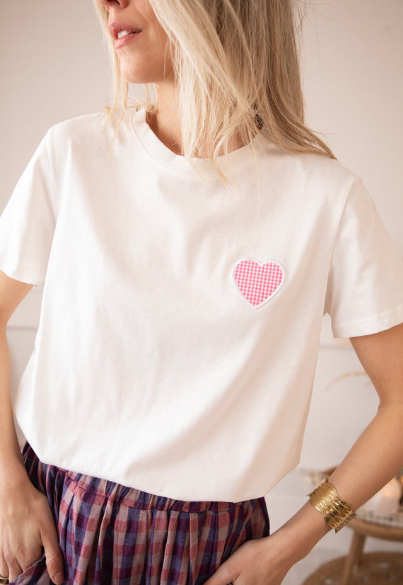 Checkered Beating Heart White/Pink - T-Shirt