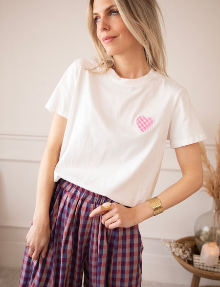 T-Shirt - Checkered Beating Heart - Weiß/Rosa