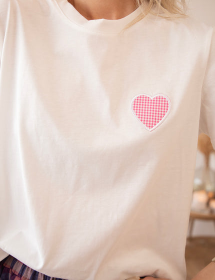 T-Shirt - Checkered Beating Heart - Weiß/Rosa
