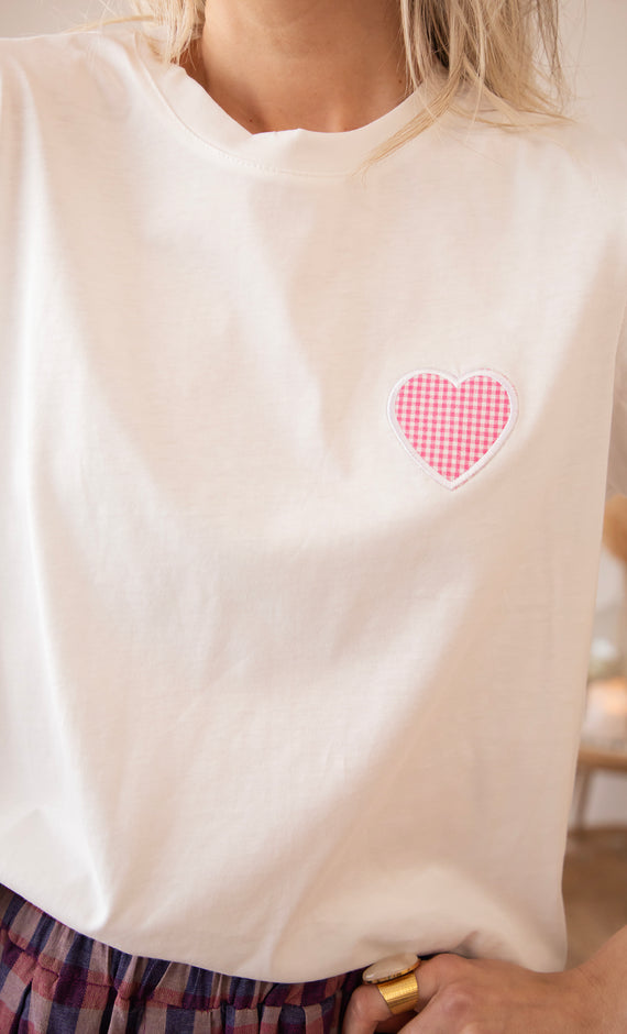 Checkered Beating Heart White/Pink - T-Shirt