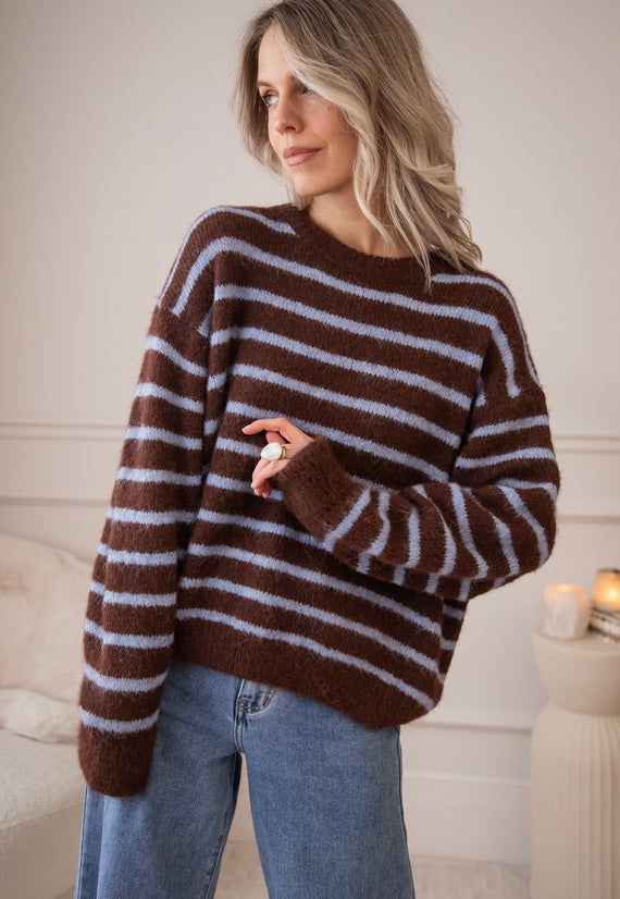 Samantha Stripe Choco/Soft Blue - Trui