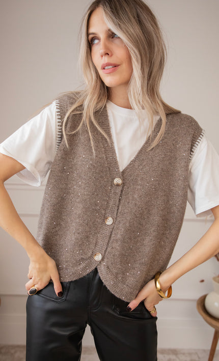 Sparkling Scarlett Taupe - Sleeveless Cardigan