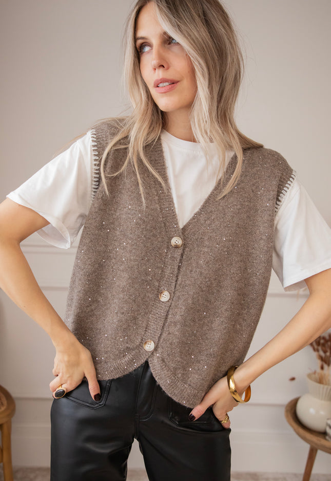 Sparkling Scarlett Taupe - Sleeveless Cardigan