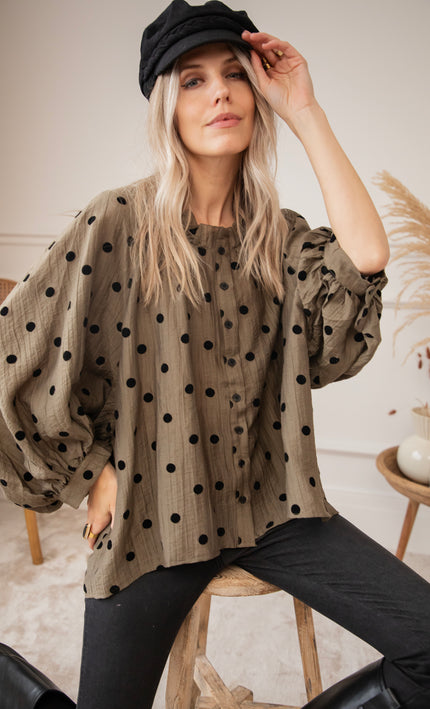 Bluse - Dotsy - Khaki/Schwarz