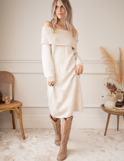 Justine Off Shoulder Beige - Sweater Dress