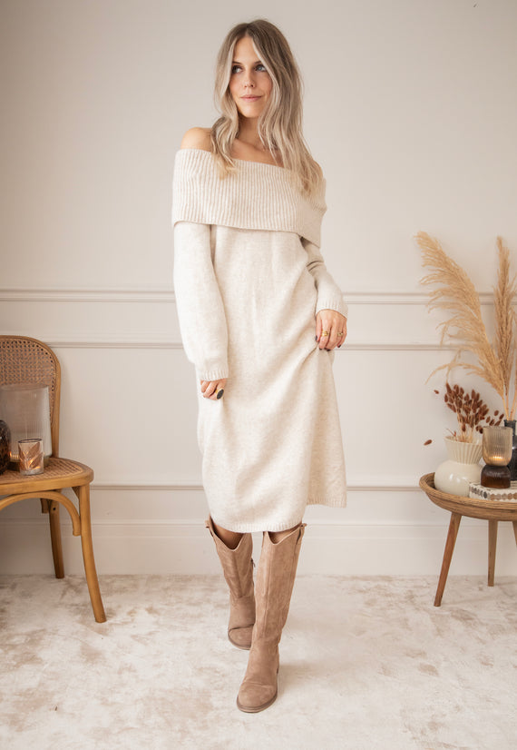 Justine Off Shoulder Beige - Sweater Dress