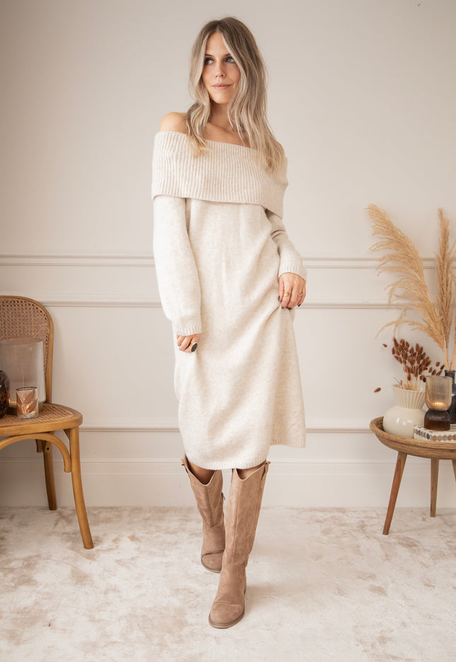 Justine Off Shoulder Beige - Sweater Dress