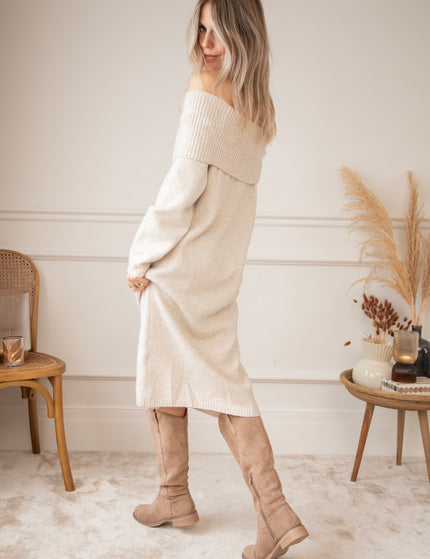 Justine Off Shoulder Beige - Sweater Dress