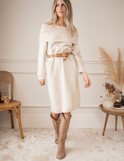 Justine Off Shoulder Beige - Sweater Dress