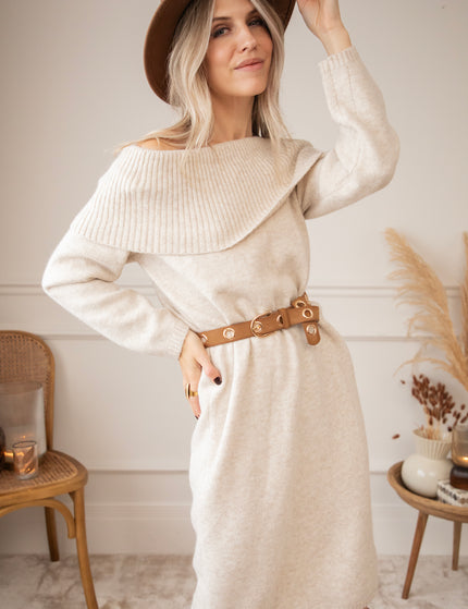 Justine Off Shoulder Beige - Sweater Dress