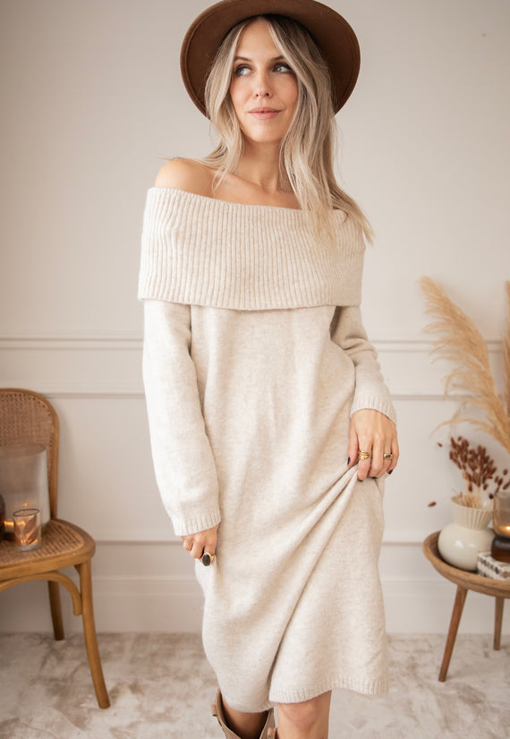 Justine Off Shoulder Beige - Sweater Dress