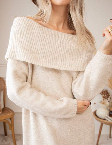 Justine Off Shoulder Beige - Sweater Dress